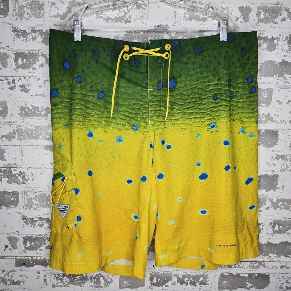 Columbia PFG Offshore Board Shorts Fishing Sunny Dorado Print Omni Shield 38/11